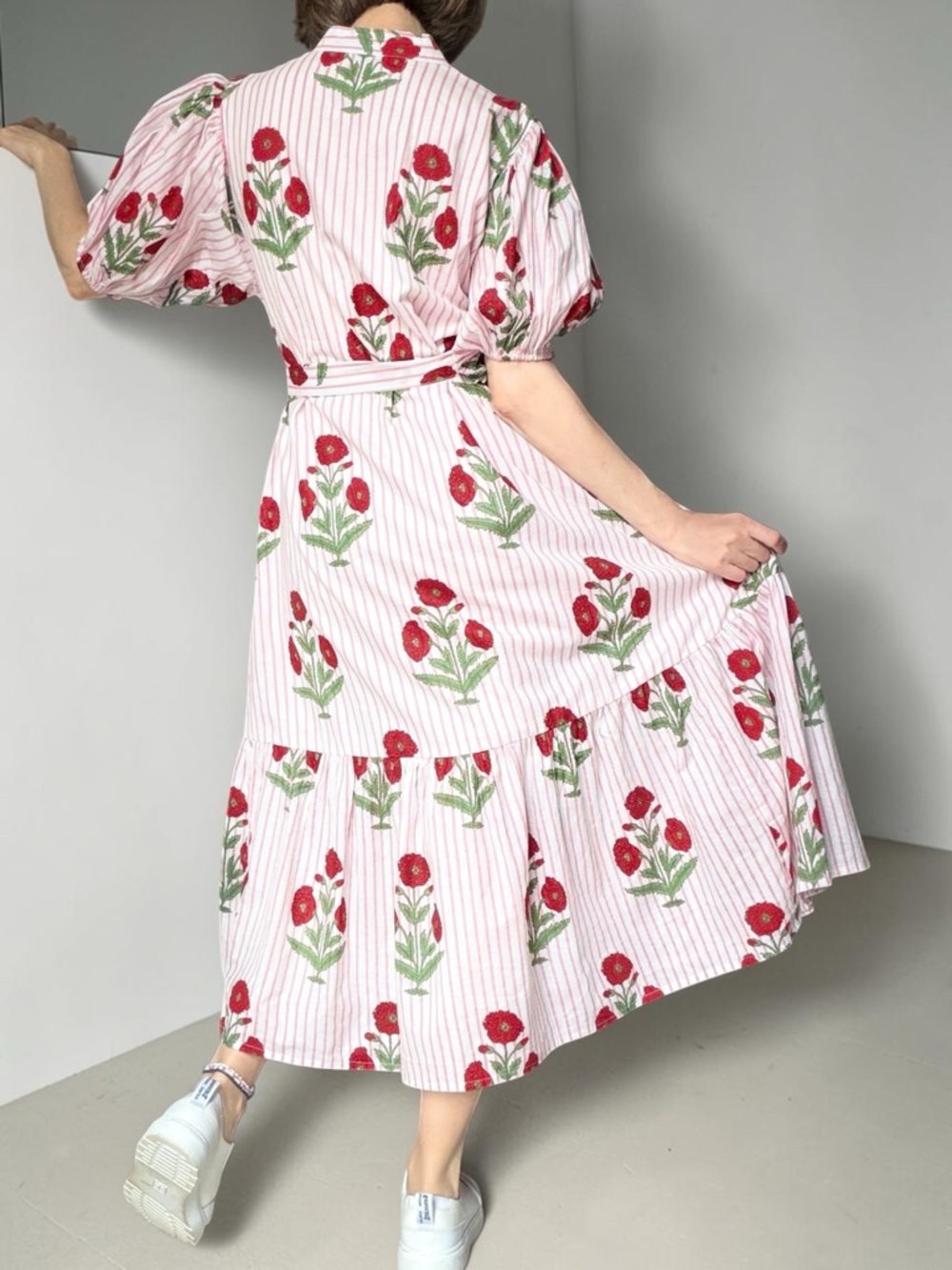 Fox & Hen Pink Floral-Striped Midi Shirt Dress Puff Sleeves Tie Waist Size XS - Picture 4 of 12